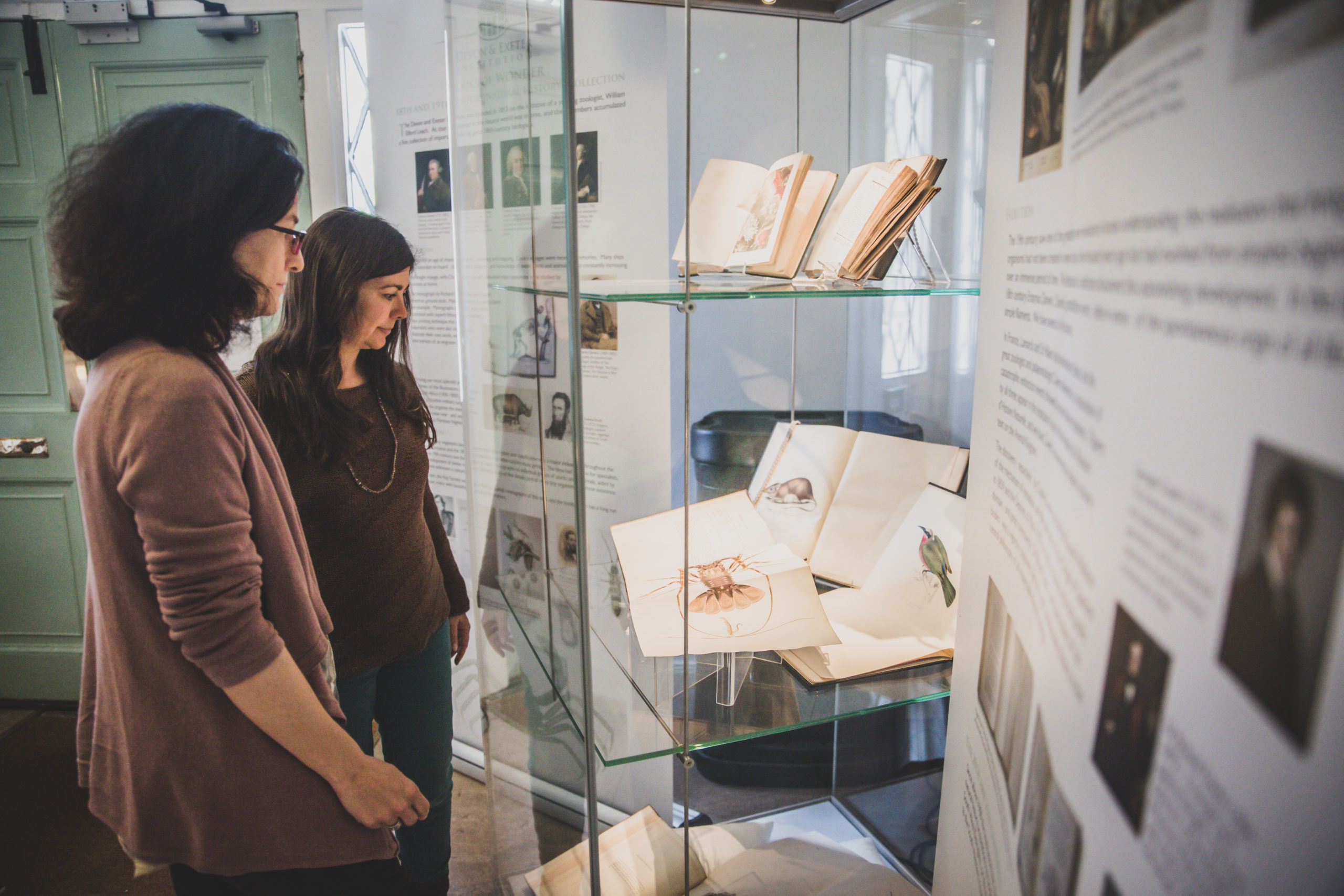 two visitors looking at a display case